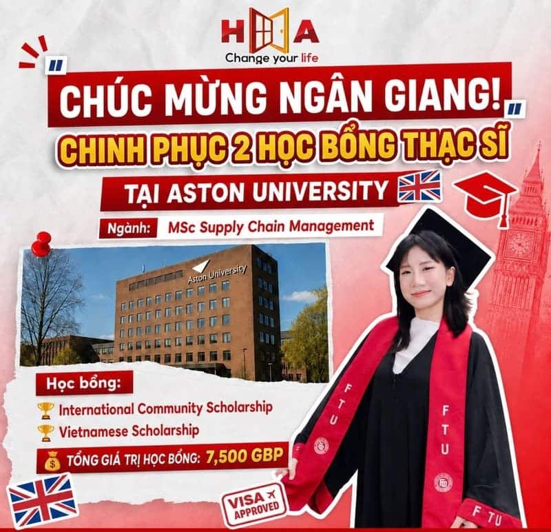 Chúc mừng Ngân Giang xuất sắc giành 2 học bổng tại Aston University LÊN TỚI 7,500 GBP